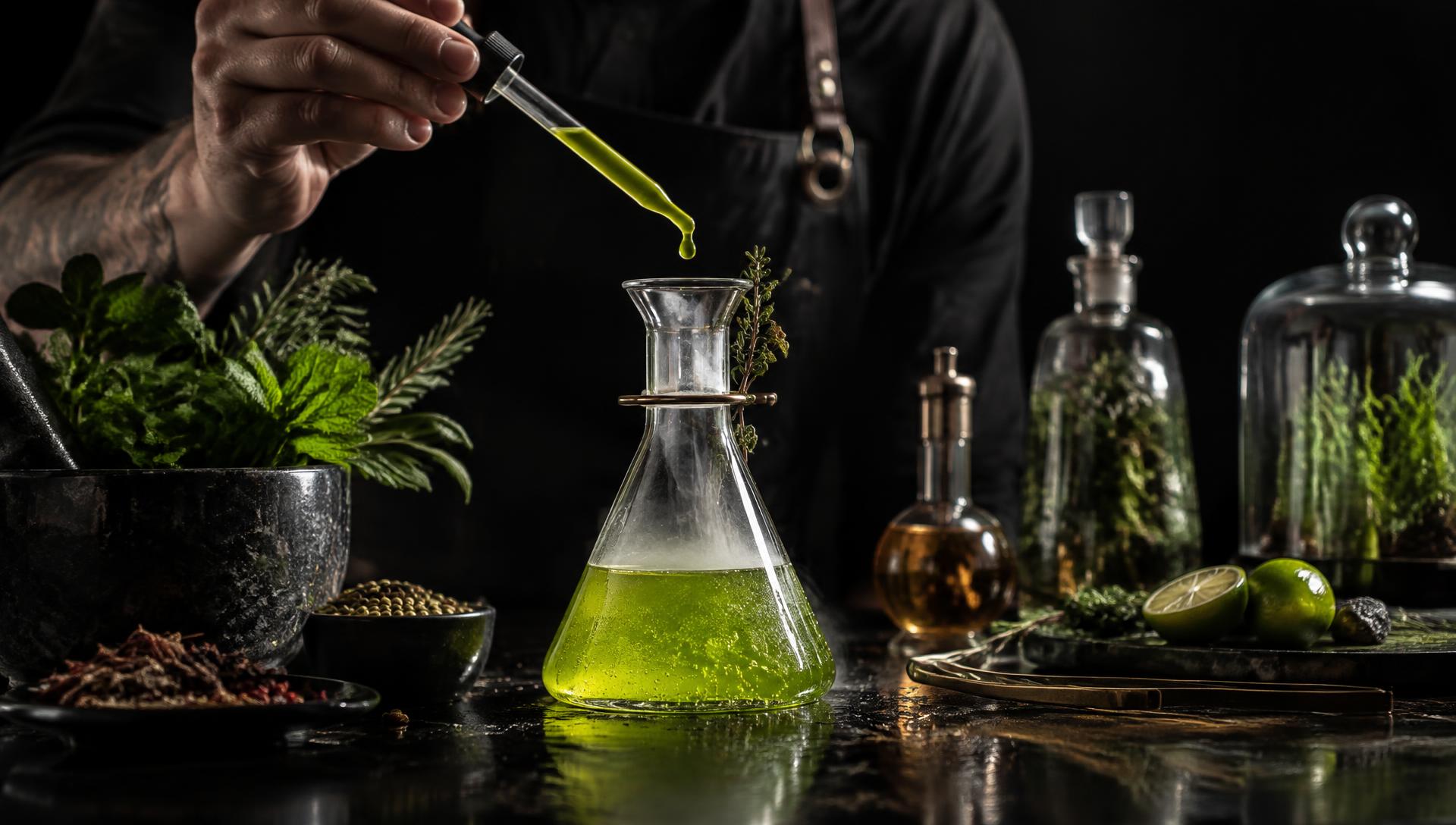 Bartender adding a drop of lime-green infusion to a glass flask among fresh botanicals